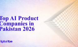 Banner image with the headline ‘Top AI Product Companies in Pakistan 2026’ in blue text on the left over a soft blue-to-orange gradient background, featuring an abstract geometric wireframe pattern on the right and the DigitalEye logo at the bottom left.