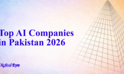 Top AI development Companies in Pakistan 2026’ in blue text on the left over a soft blue-to-orange gradient background, featuring an abstract geometric wireframe pattern on the right and the DigitalEye logo at the bottom left.