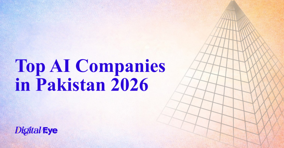 Top AI development Companies in Pakistan 2026’ in blue text on the left over a soft blue-to-orange gradient background, featuring an abstract geometric wireframe pattern on the right and the DigitalEye logo at the bottom left.