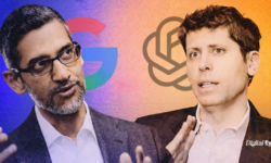 Sundar Pichai and Sam Altman speaking side by side against a blue-to-orange gradient background with subtle grain texture, the Google ‘G’ logo faintly visible behind Pichai and the OpenAI logo behind Altman, with a Digital Eye logo placed in the bottom-right corner.