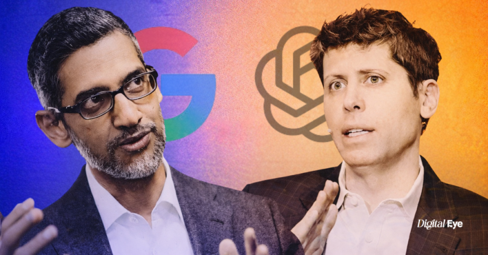 Sundar Pichai and Sam Altman speaking side by side against a blue-to-orange gradient background with subtle grain texture, the Google ‘G’ logo faintly visible behind Pichai and the OpenAI logo behind Altman, with a Digital Eye logo placed in the bottom-right corner.