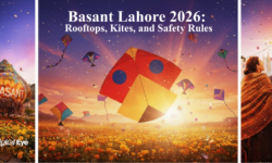 A vibrant three-panel collage celebrating Basant in Lahore 2026. The central, wide panel shows a bright yellow and red kite soaring over a field of orange marigolds under a sunset sky. The side panels feature a decorated festive monument and a family in traditional attire. Top text reads: 'Basant Lahore 2026: Rooftops, Kites, and Safety First.