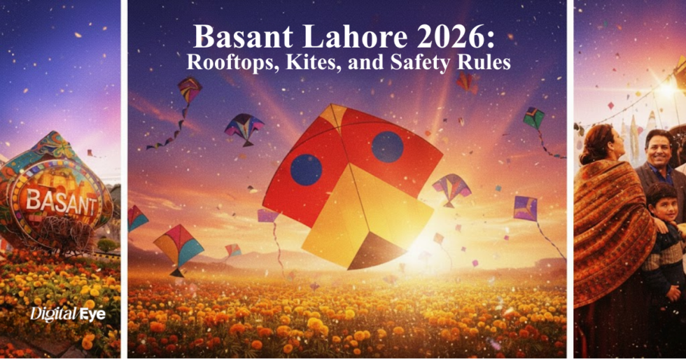 A vibrant three-panel collage celebrating Basant in Lahore 2026. The central, wide panel shows a bright yellow and red kite soaring over a field of orange marigolds under a sunset sky. The side panels feature a decorated festive monument and a family in traditional attire. Top text reads: 'Basant Lahore 2026: Rooftops, Kites, and Safety First.