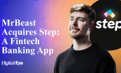 Promotional banner featuring MrBeast (Jimmy Donaldson) on the right against a blue-to-orange gradient background, with the headline “MrBeast Acquires Step: A Fintech Banking App” on the left. The Step logo appears inside a black circular shape in the top right corner.