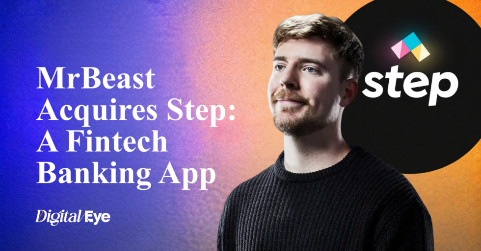 Promotional banner featuring MrBeast (Jimmy Donaldson) on the right against a blue-to-orange gradient background, with the headline “MrBeast Acquires Step: A Fintech Banking App” on the left. The Step logo appears inside a black circular shape in the top right corner.